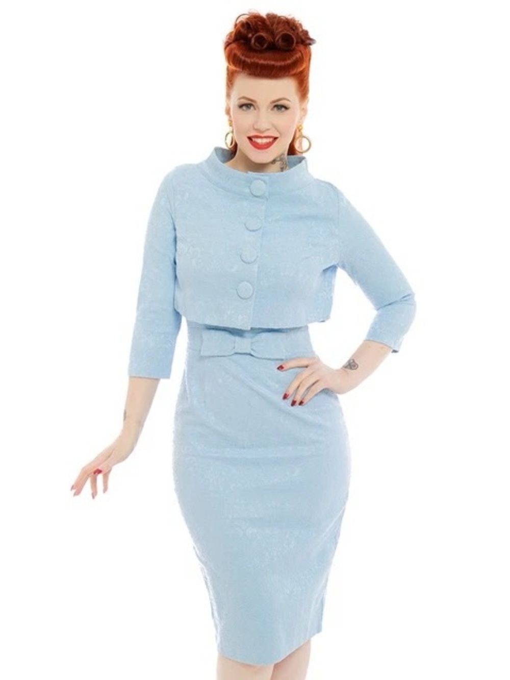 Lindy Bop “Maybelle” Light Blue Pencil Dress with Cropped Jacket Set